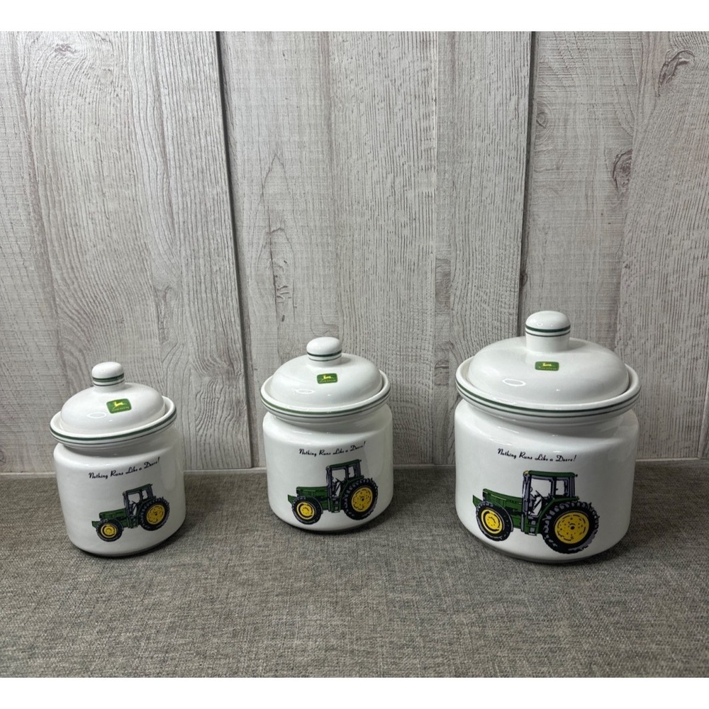 John Deere Gibson Ceramic Vintage Canister Set Of 3 Tractor Design With Lids